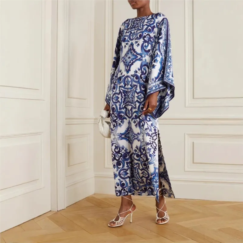 

2025 Fashion Loose Side Slit Dresses Women Vintage Bohe Style Floral Print O Neck Midi Dress Elegant Vestidos Long Sleeve Robe