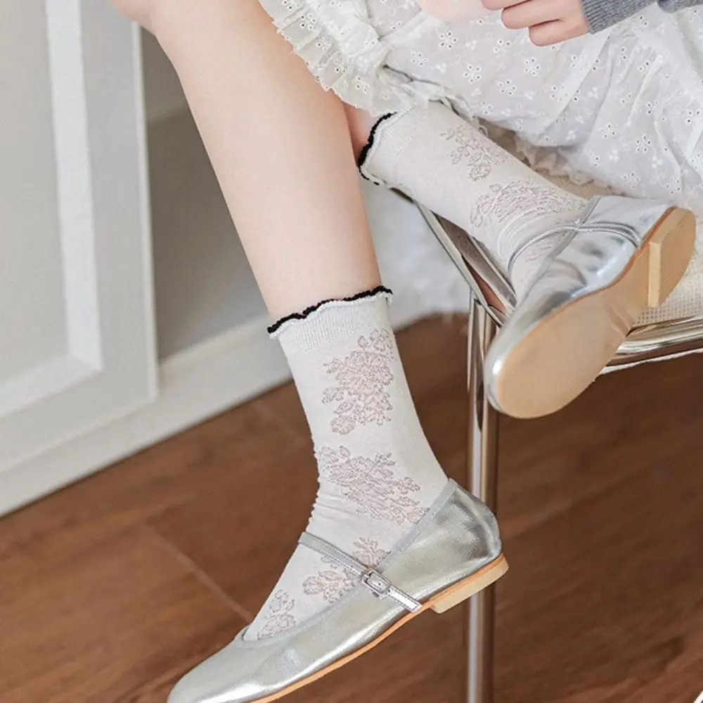 

3Pairs Soft Ruffle Mesh Flower Socks Ins Style Lolita Mid Tube Socks Female Hosiery Breathable Sweet Socks Women Streetwear
