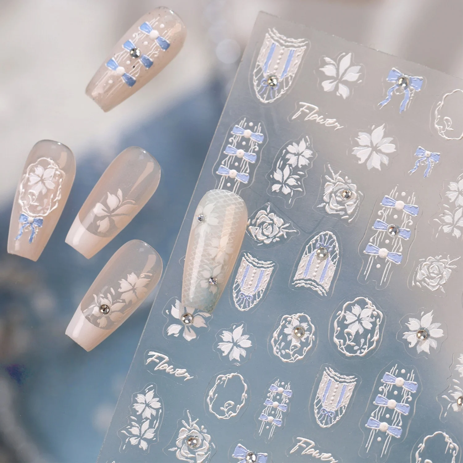 Shield Floral 5D Nail Stickers Purple Silver Outline Embossed Flower Hollow Oval Border Bow Lace Decal Self Adhesive Manicure