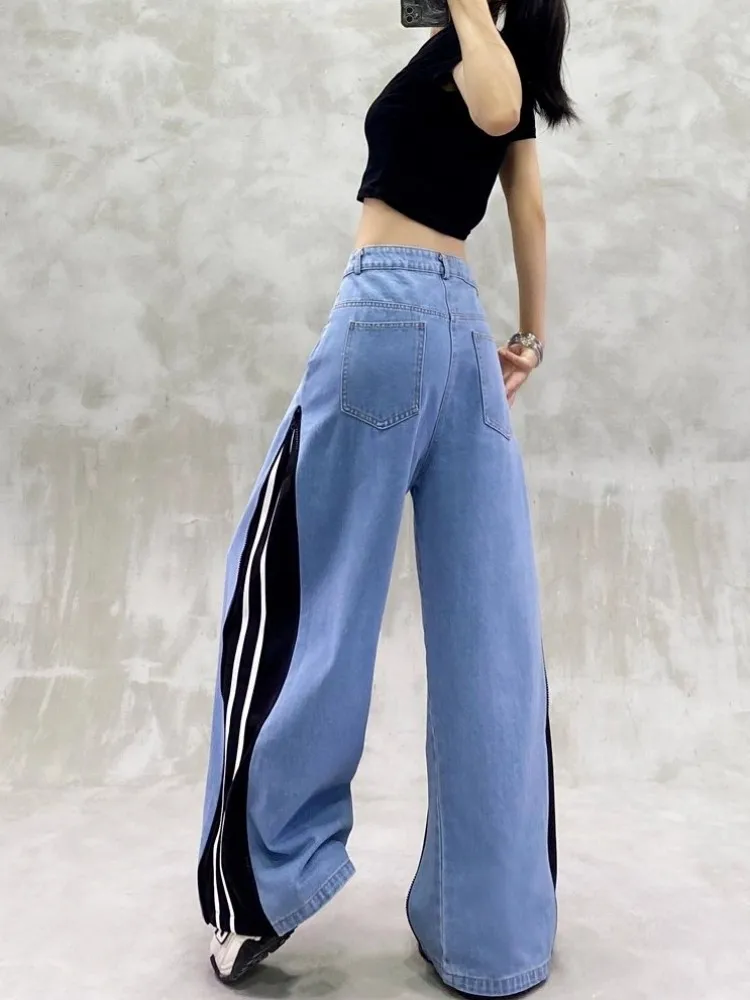 Autumn New Loose Fit Women Wide Leg Jeans Patchwork Zipper Design Floor Pants High Waisted Straight-Leg Denim Trousers Hot Sale