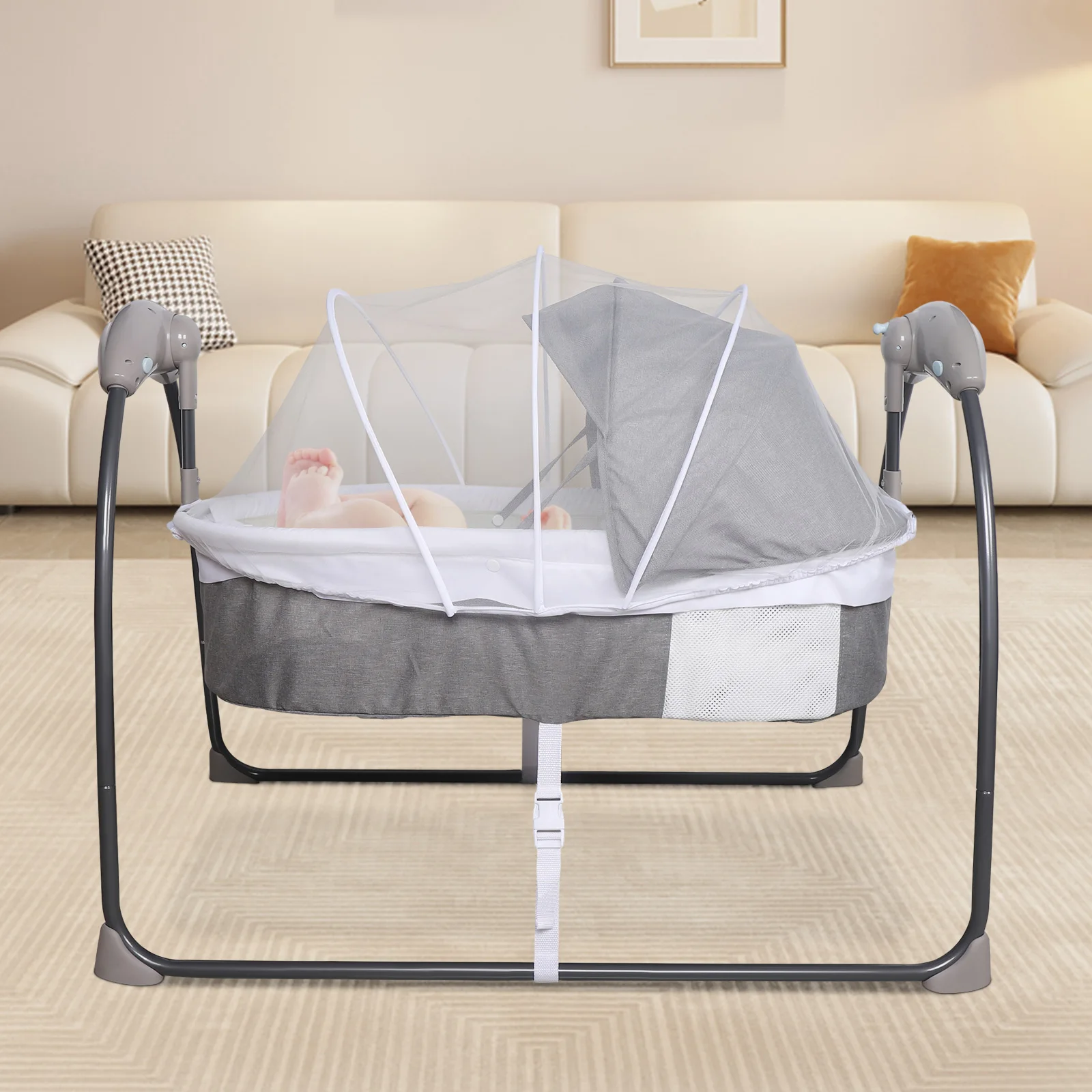 Baby Cradle, Baby Music Swing Chair, Electric Remote Baby Bouncer Car Swing Chair, Grey Cradle, with Smart Bluetooth