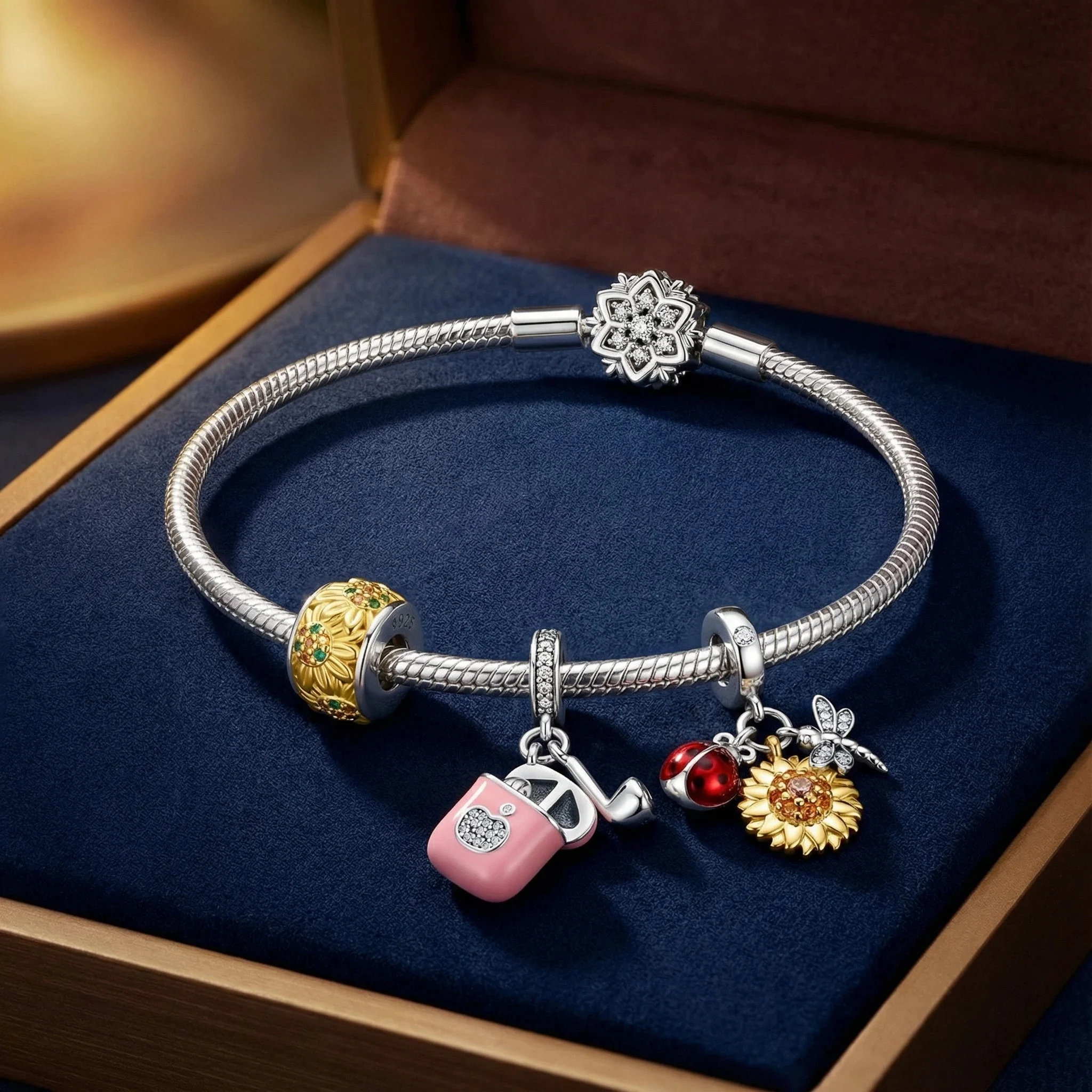 

925 Sterling Silver Earphones Flower Charms Pendant with Cubic Zirconia,Fit DIY bracelet necklace Gift for Her,Colgante Plata