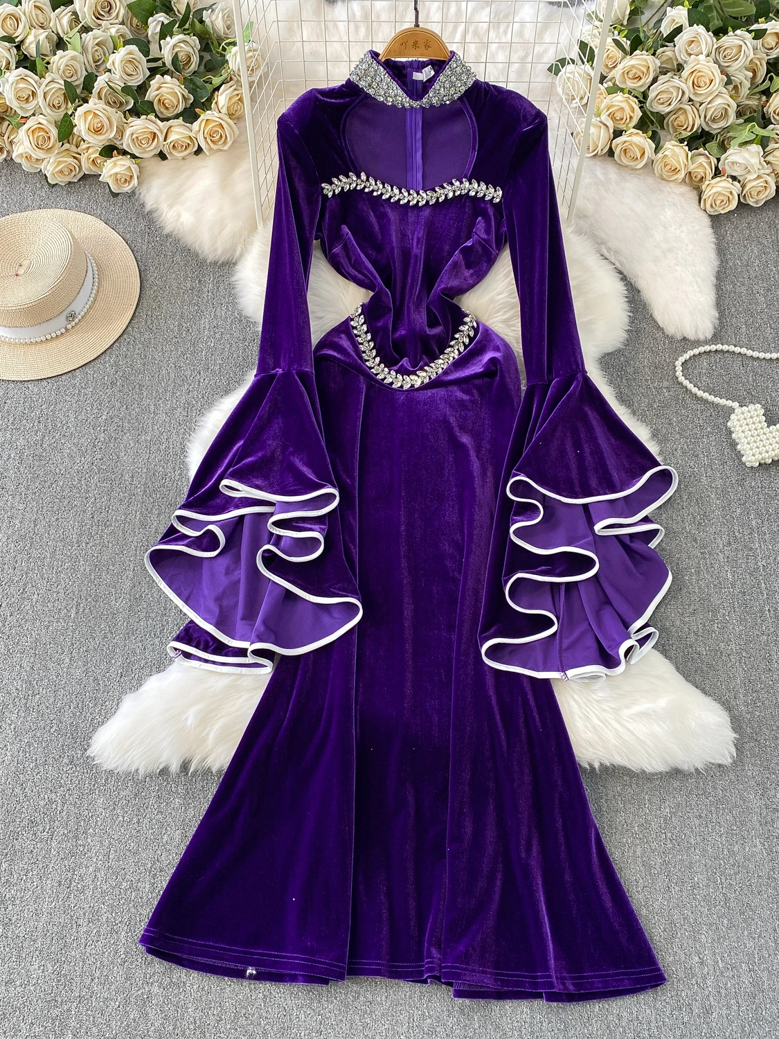 

Длинная бархатная юбка А-силуэта с обильной вышивкой, модная, для повседневной носки, с высокой талией