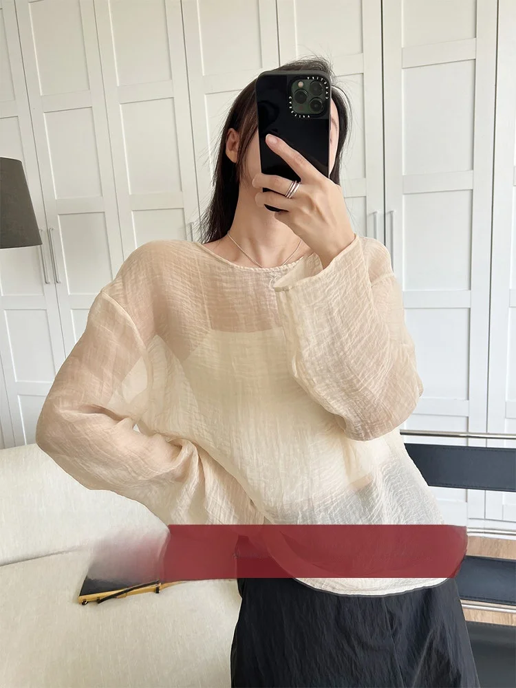 

Летний топ Amyy Studios с длинным рукавом и круглым вырезом, свободного кроя, полупрозрачный, воздушный, с нерегулярным дизайном и жатой текстурой, для повседневной носки