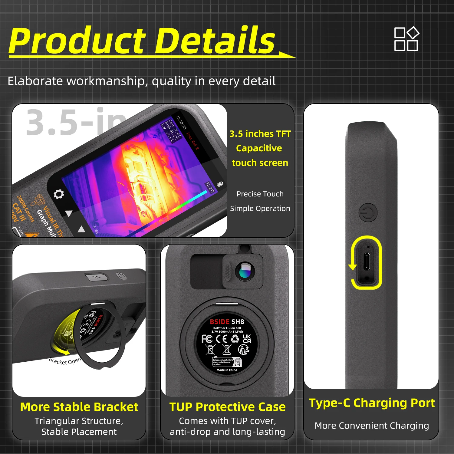 BSIDE SH8 2 in 1 Digital Thermal Multimeter Infrared Thermal Imager 20000 Count Touchscreen Thermometer with Stand & Macro Len view 5