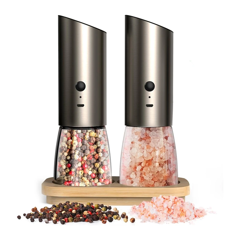 

Electric Salt And Pepper Grinder Set Adjustable Coarseness Pepper Grinder Set Automatic Salt And Pepper Shakers With Bamboo Base