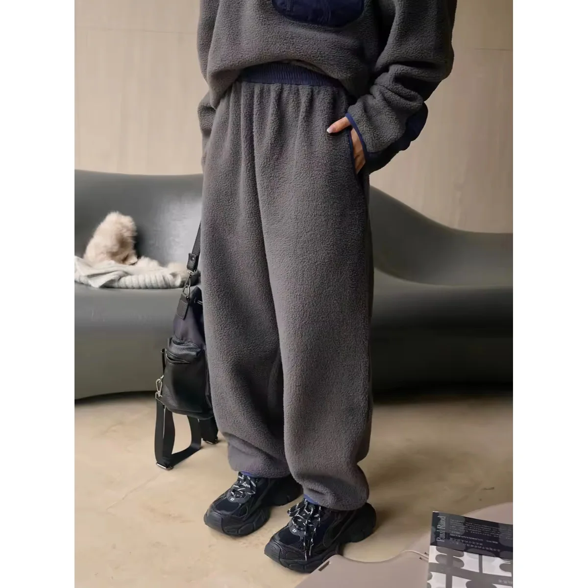 2024 Women Winter Polar Fleece Pants High Waist Warm Beige Pants Fashion Clothes Vintage Pants Female Trousers