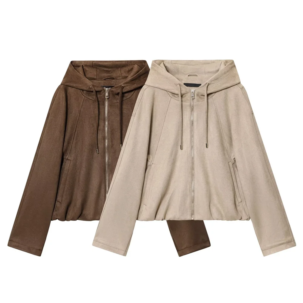 

's new women's fashion casual hooded long sleeved zipper with suede texture effect pilot jacket jacket