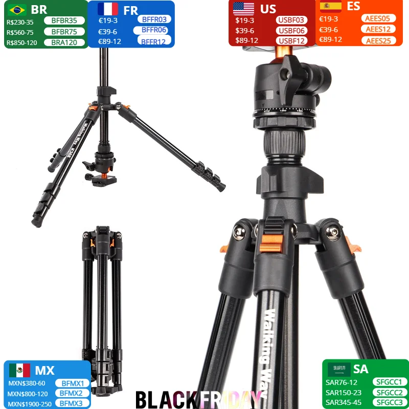 WalkingWay 62.99 Inch Professional High Camera Tripod for DSLR Portable Aluminum Travel Tripod with 360Degree Panorama Ball Head