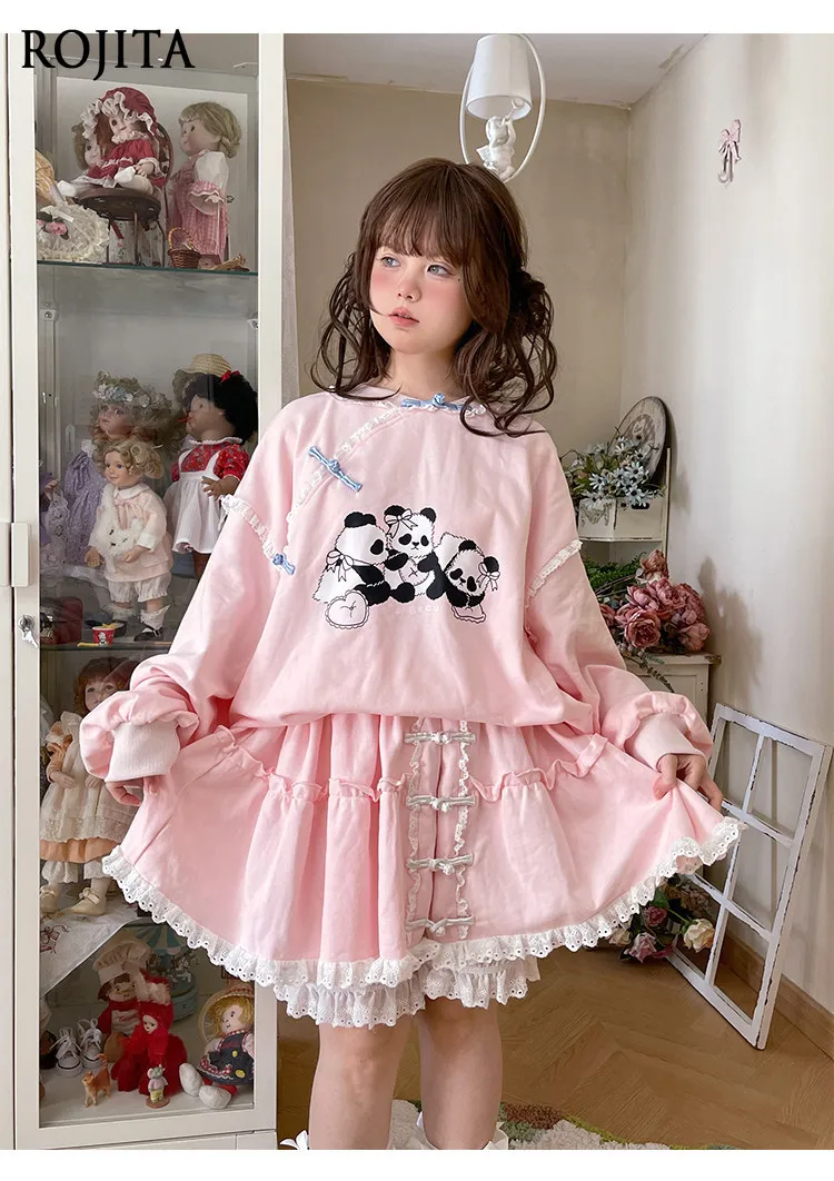 

Sweet Panda Print New Chinese Frog Button Hoodie Kawaii Lolita Sweatshirt Women's Loose Pullover Long Sleeve Top