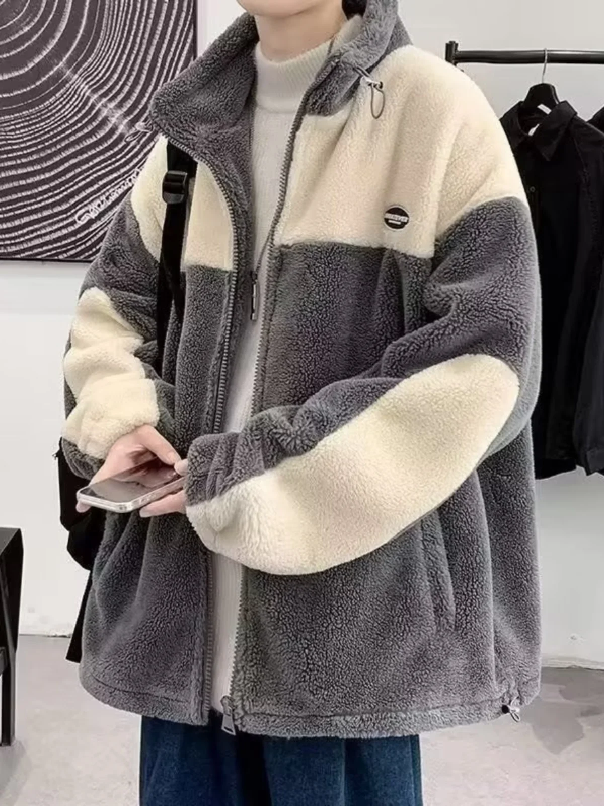 

Lamb Fur Hooded Jaet Men's Winter Thiened Cotton Padded Stand Collar Zipper Closure Faionable Youth Casual Wear