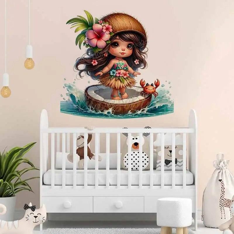 Tropical Coconut Palm Wall Stickers for Girls Cute Children's Bedroom Background Decor Self-Adhesive Wallpaper A457