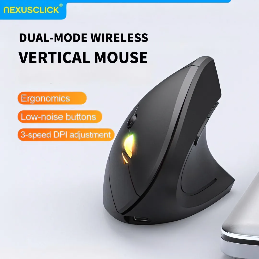 NexusClick Vertical Ergonomic Mouse, 2.4G Bluetooth Wireless Rechargeable Office Mice Adjustable DPI 6 Mute Buttons For Computer