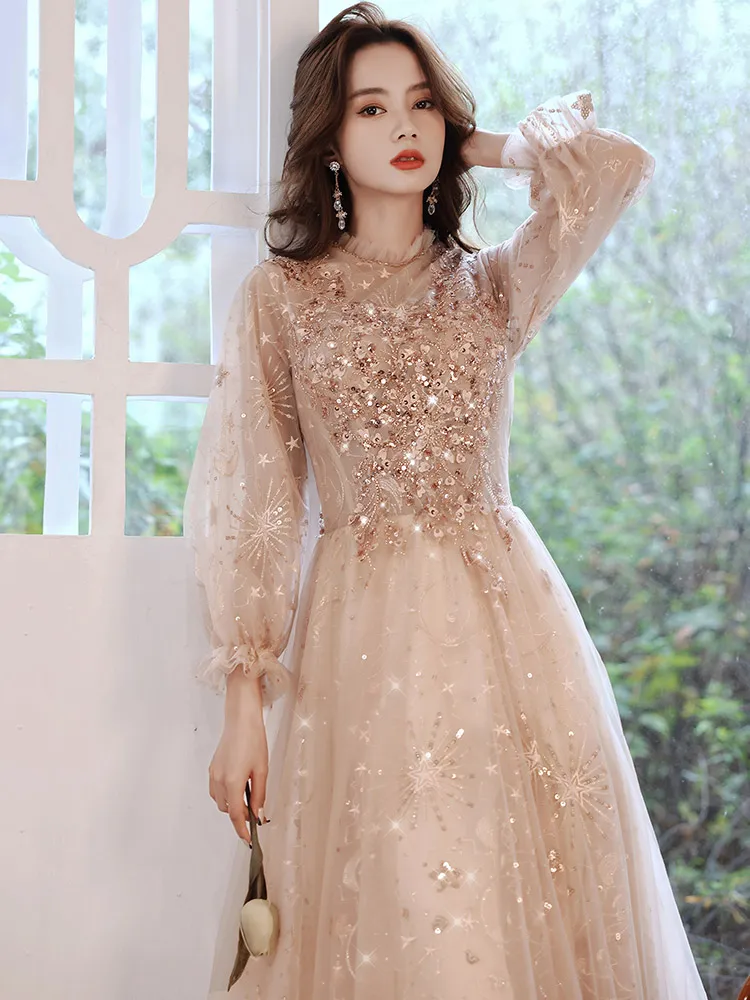 

Champagne evening dress new banquet high-end host birthday princess dress adult high-end sense