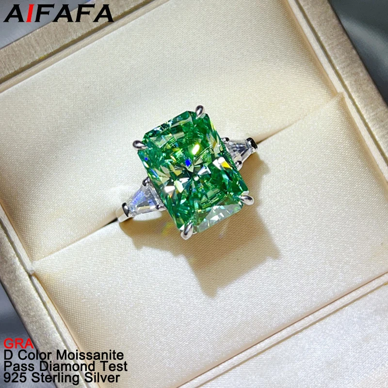 10 Carat Green Radiant Cut Moissanite Diamond Rings Stunning s925 Silver Rectangle Real Moissanite Women Ring Fine Jewelry GRA