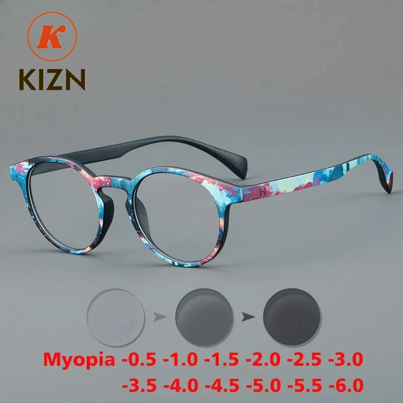 

KIZN Sports Retro Printing Acetate Myopia Photochromic Glasses Frames Men Women Custom Prescription Luxury Eyeglasses -0.5 to -