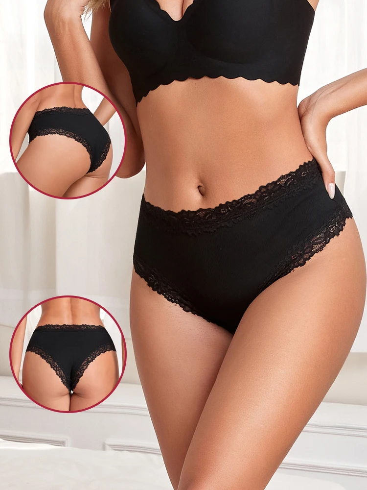 4PCS/SET S-XXL Cotton Lace Patchwork Underwear for Women Sexy Floral Solid Color Panties Breathable Trendy Briefs Soft Lingerie