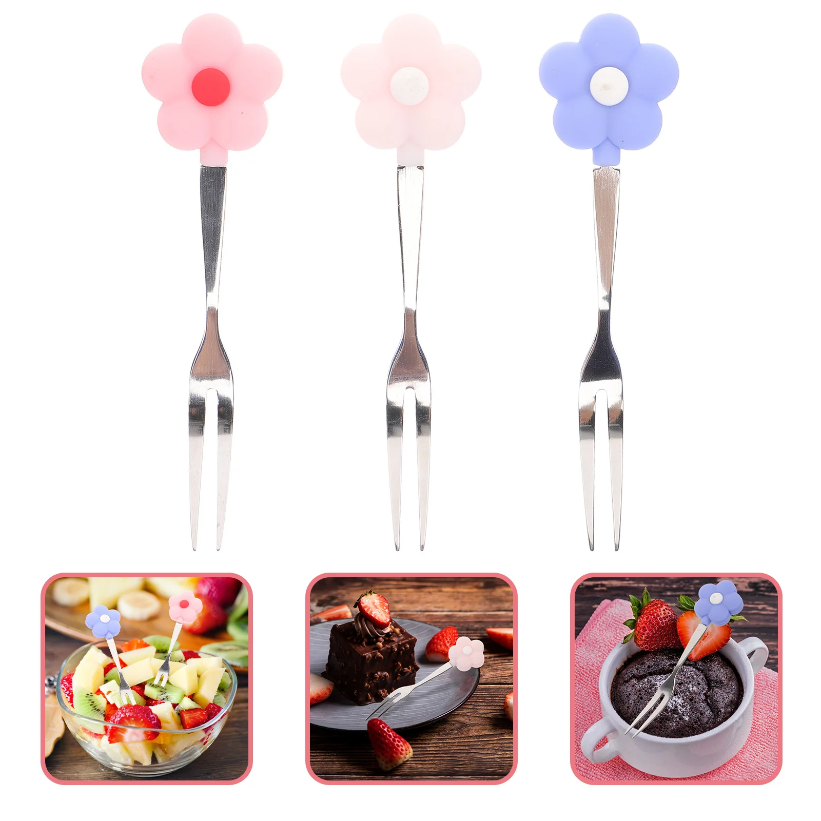 

3pcs Fruit Forks Stainless Steel Silicone Handle Mini Dessert Forks For Ice Cream Appetizers Chocolate Cheese Dipping Serving