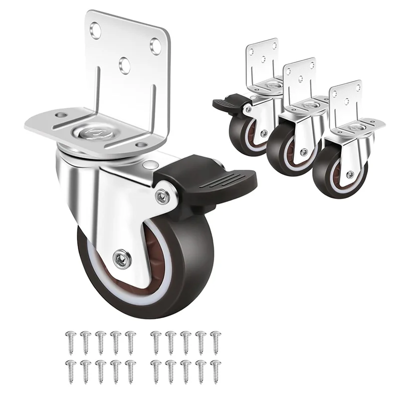 A76K Side Mount Casters,Casters Set Of 4 With Brake,L-Shape Plate Small Wheels For Furniture,Cabinet Casters