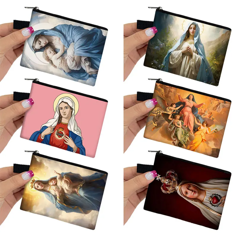 Oil Painting Virgin Mary Print Coin Bag Vintage Religion ID Credit Card Key Earphone Holder Holy Mary Coin Purse Zipper Pouch