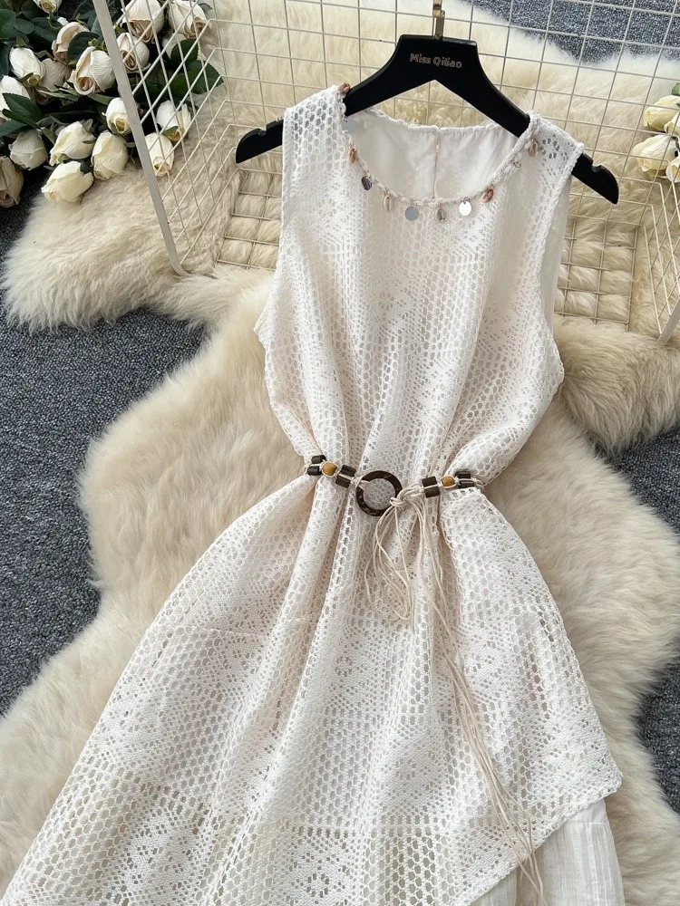 Retro Design Asymmetrische aushöhlen Gestrickte Gürtel Taille rund Ne Svel Dr Frauen Hohe Taille A-Linie Sommer Pendeln