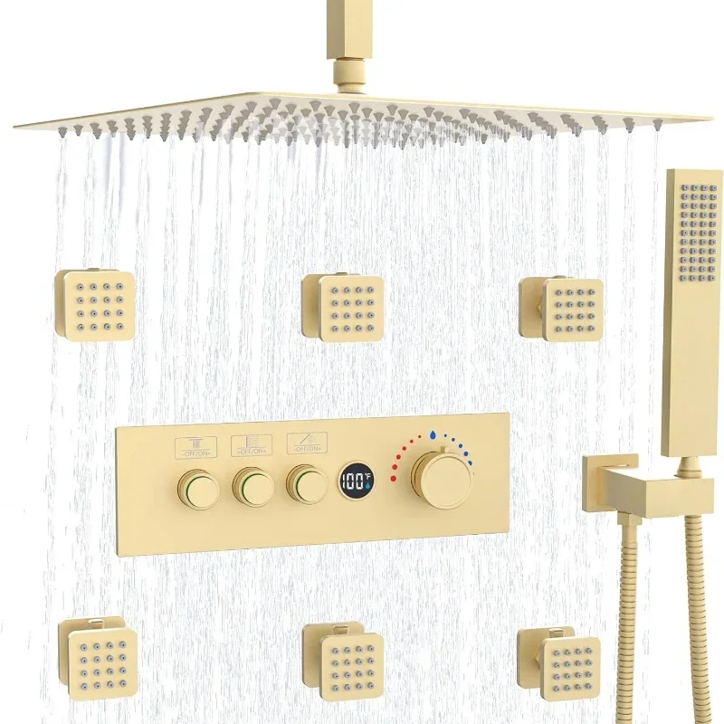 Brushed Gold Bathroom Shower System Wall Mount Thermostatic Shower Faucet Brass Rainfall Shower System