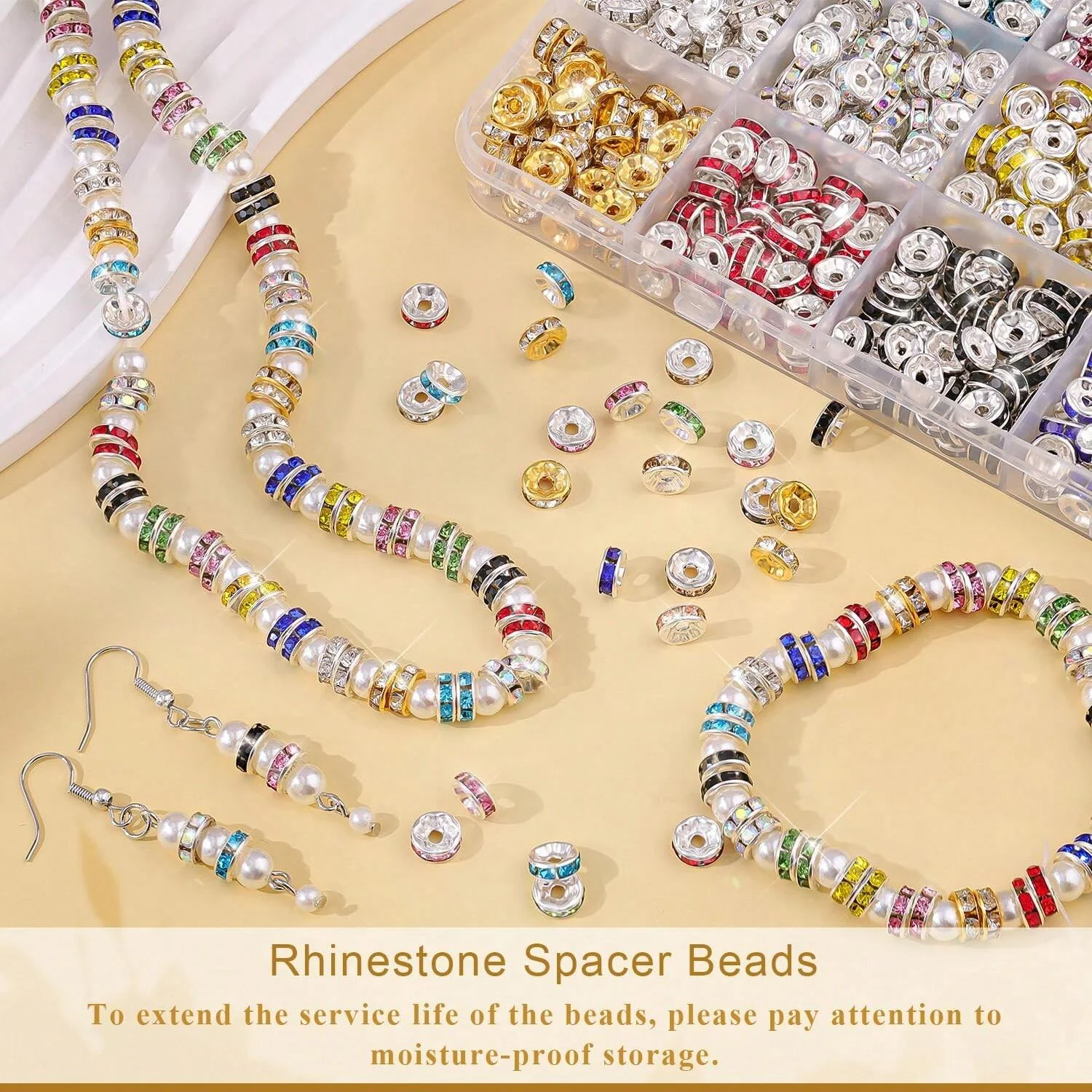 900 ชิ้น/กล่อง 8 มม.โลหะ Rhinestone Rondelle หลวม Spacer ลูกปัดชุดสําหรับเครื่องประดับ DIY สร้อยข้อมือสร้อยคออุปกรณ์เสริม