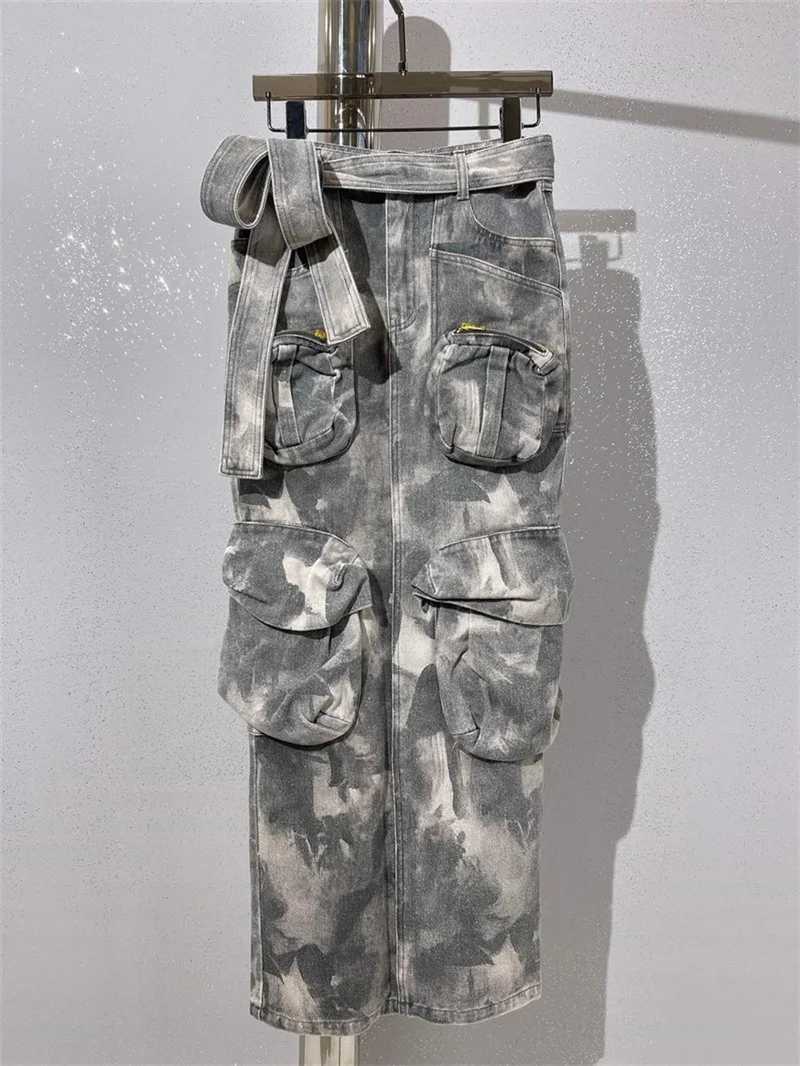 Camo Denim lange Frauen Kleid Frühling Sommer 2023 neueste Arbeits kleidung Tasche geraden Rock Mode heiße Mädchen Straße Wesr auf Lager