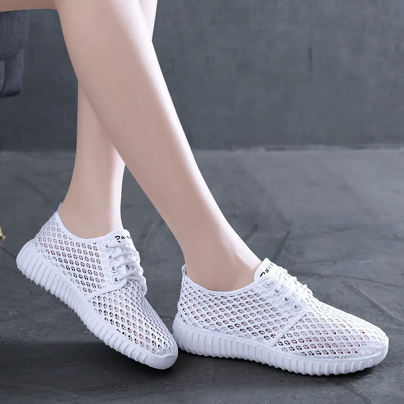 Womens Shoes Hollow Out Breathable Lace Up Flats Breathable Mesh Lightweight Shoes Casual All-match Sneakers Zapatos De Mujer