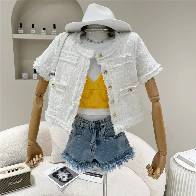 Coats & Jackets Summer Clothing Fashion Lady Office Pink O Neck Short Sleeve Tweed  Temperament Sweet Chic Korean