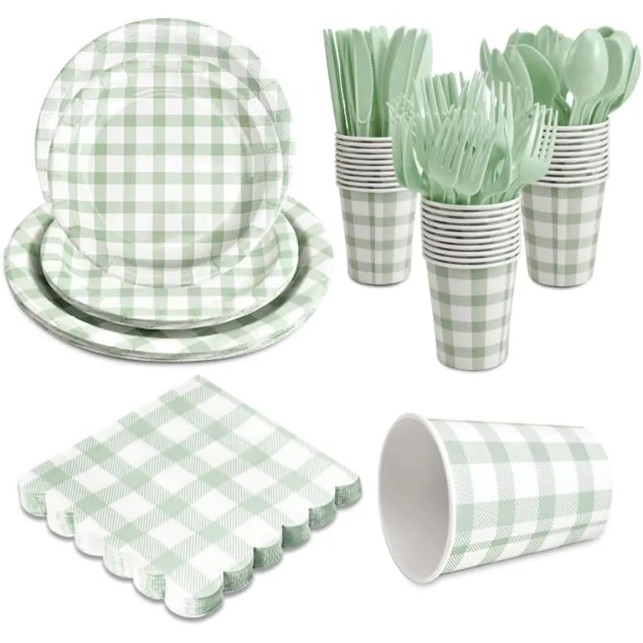 

168Pcs Gingham Party Supplies Set for 24 Guests Including Thick Paper Plates Napkins Knives Spoons Forks Cups with Sage Green D