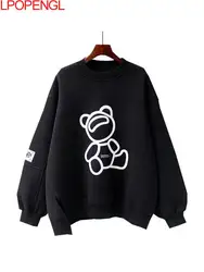 Sudaderas con capucha coreanas para mujer, sudaderas con estampado de dibujos animados Kawaii, cuello redondo, manga larga, prendas de vestir gruesas, jerséis casuales de gran tamaño, Top