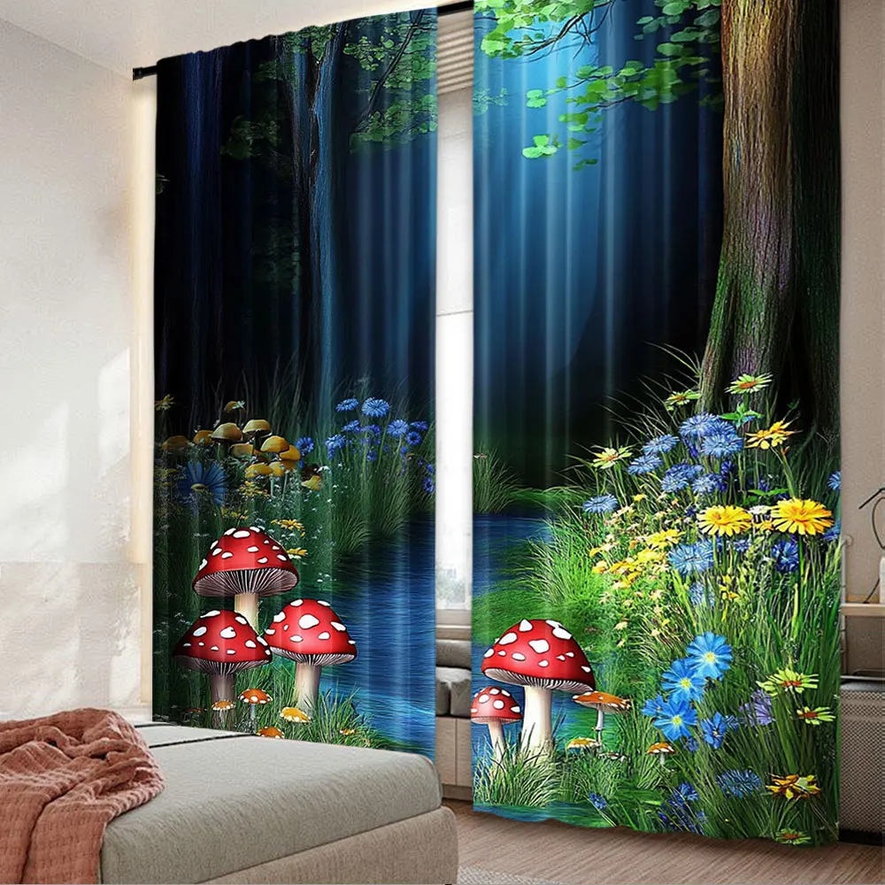 2Pcs Forest Curtain Magic Path River Mushroom Natural Landscape Suitable For Living Room Bedroom And Many Other Occasions