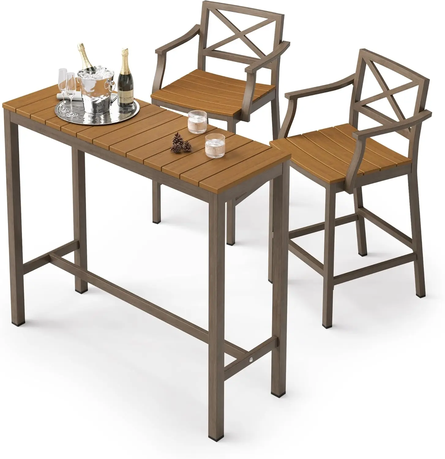 Outdoor Bar Height Table and Chairs Set, 3 Piece Patio Pub Bar Set with 45