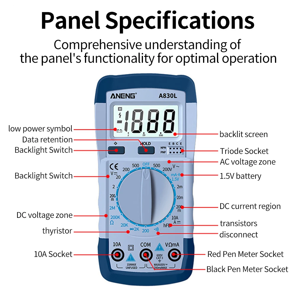 LCD Digital Multimeter A830L AC DC Voltage Diode Freguency Multitester Current Tester Luminous Display with Buzzer Function