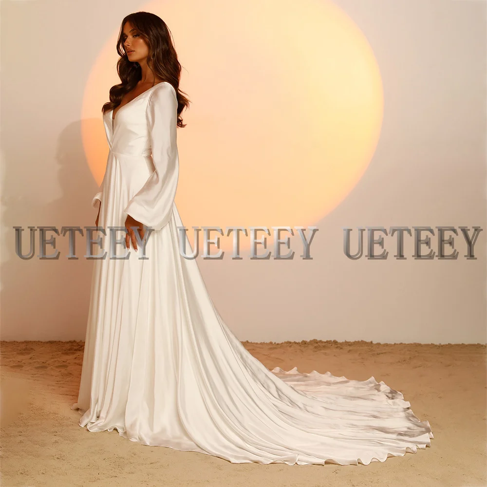 UETEEY – robe de mariée en Satin moderne, tenue de soirée de mariage, sur mesure, décolleté plongeant en v, manches longues, dos nu, ligne a, 2022