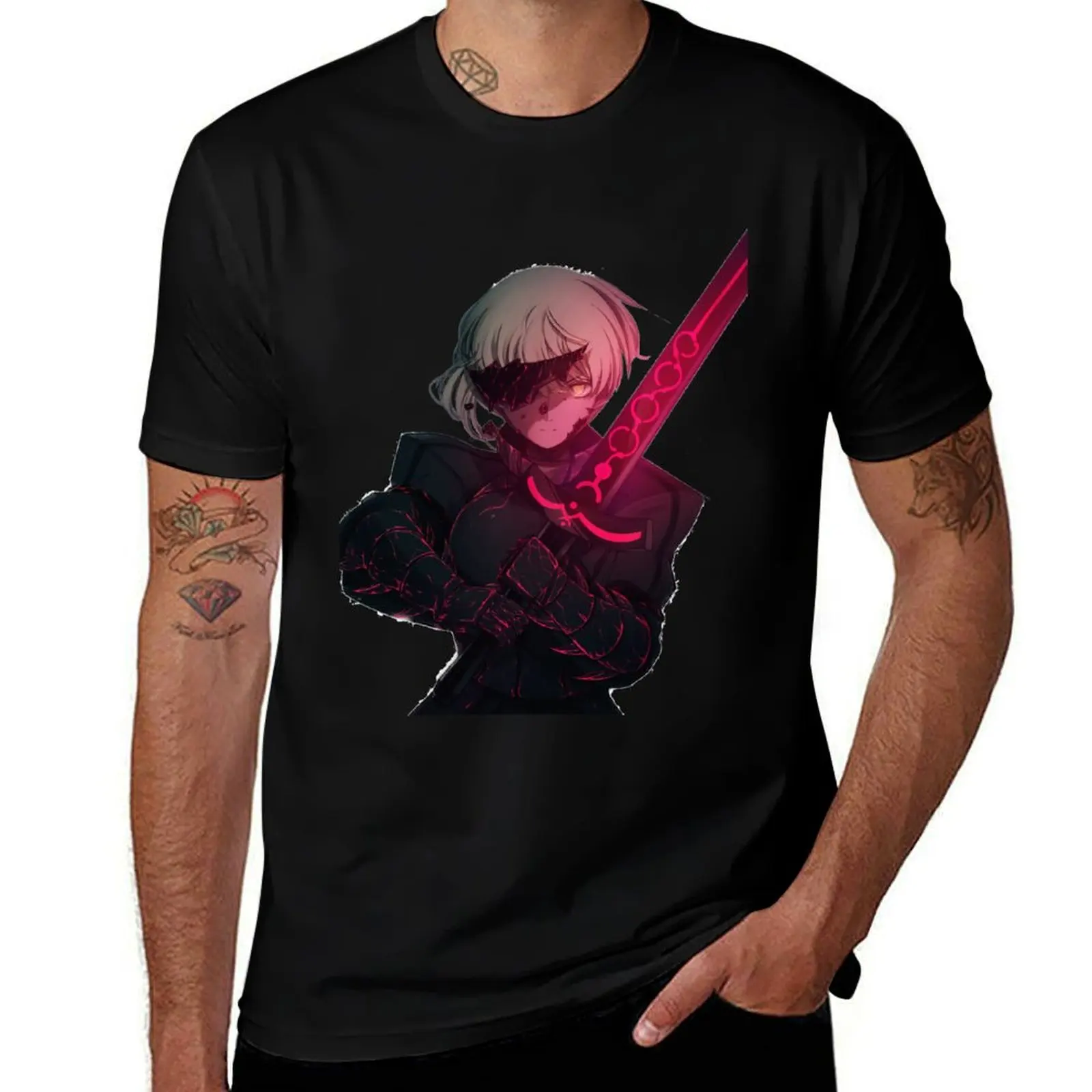 

female swordsman with amazing red glow T-Shirt clothes tshirts personalised mens cotton t shirts
