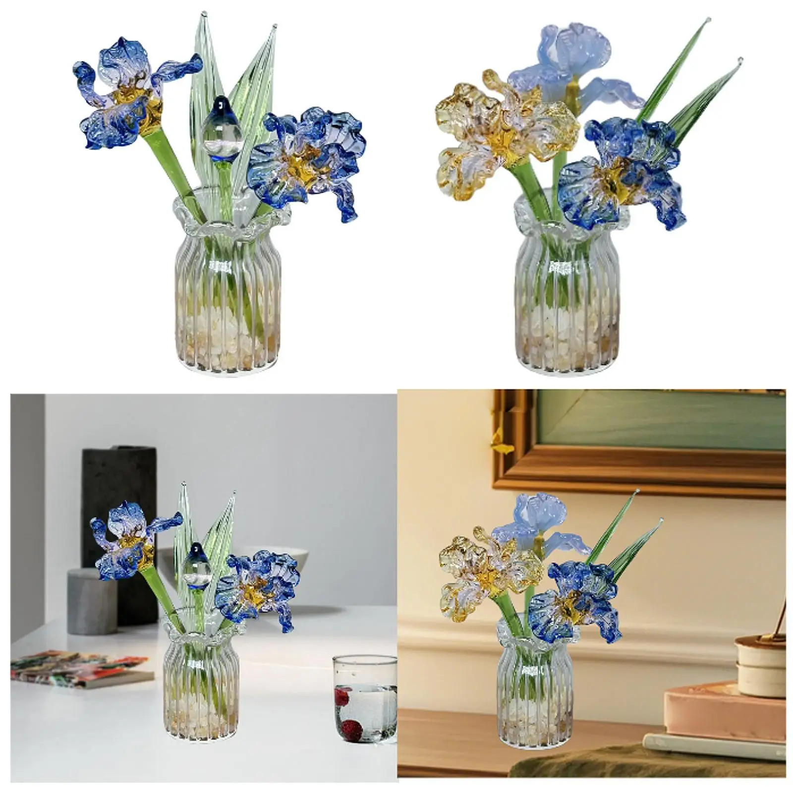 Glass Flowers Figurine with Vase Lovely Glass Flower Bouquet for Home Living Room Wedding Anniversary Decoration Birthday Gift