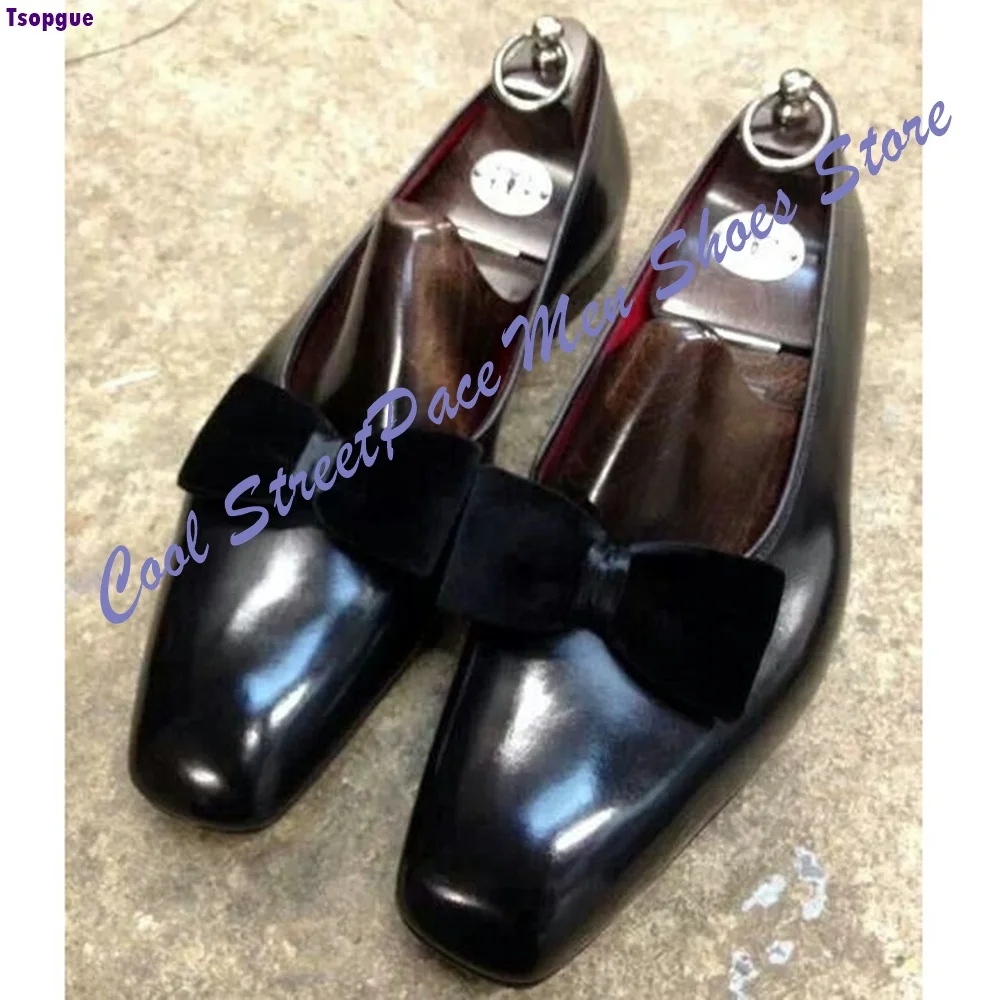 Black Men Square Toe Velvet Bow Loafers Slip On Genuine Leather Formal Dress Shoes 2026 Wedding Party Men Shoes Footwear