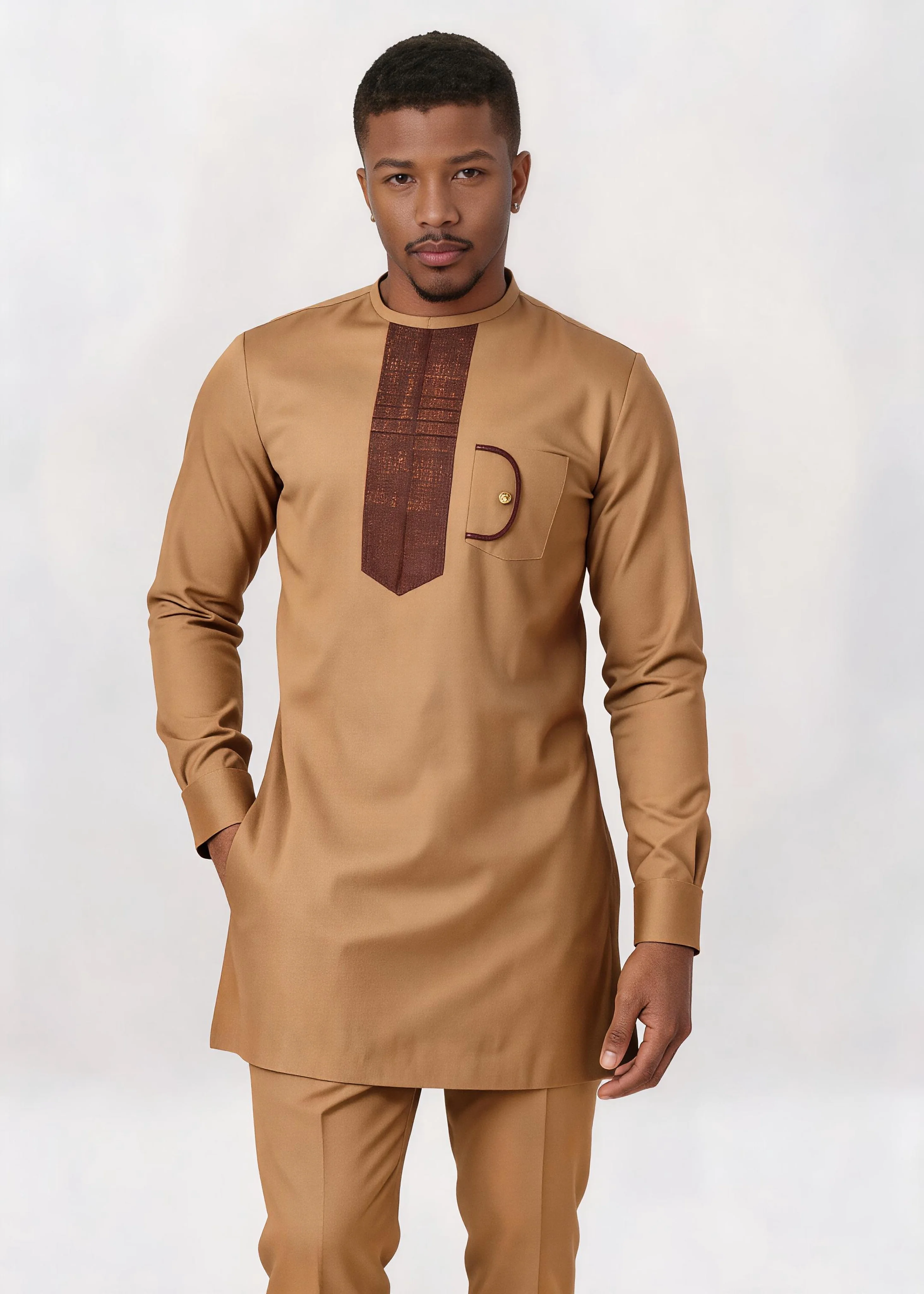 frican Men Khaki Camel Kaftan 2 Piece Set Stand Collar Brown Contrast Patchwork Gold Button Long Sleeve Tunic Shirt Pants Formal