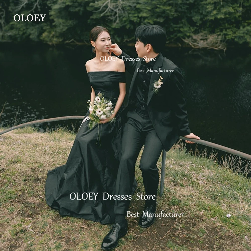 OLOEY Simple Black taffetà abiti da sera corea Lady Wedding Photo Shoot senza spalline lunghezza del pavimento abiti da ballo su misura