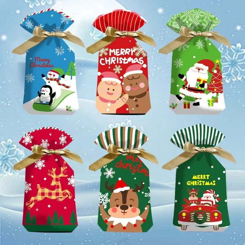 10Pcs Christmas Candy Gift Bags Cookie Sweet Packaging Drawstring Bag Christmas New Year Party Supplies