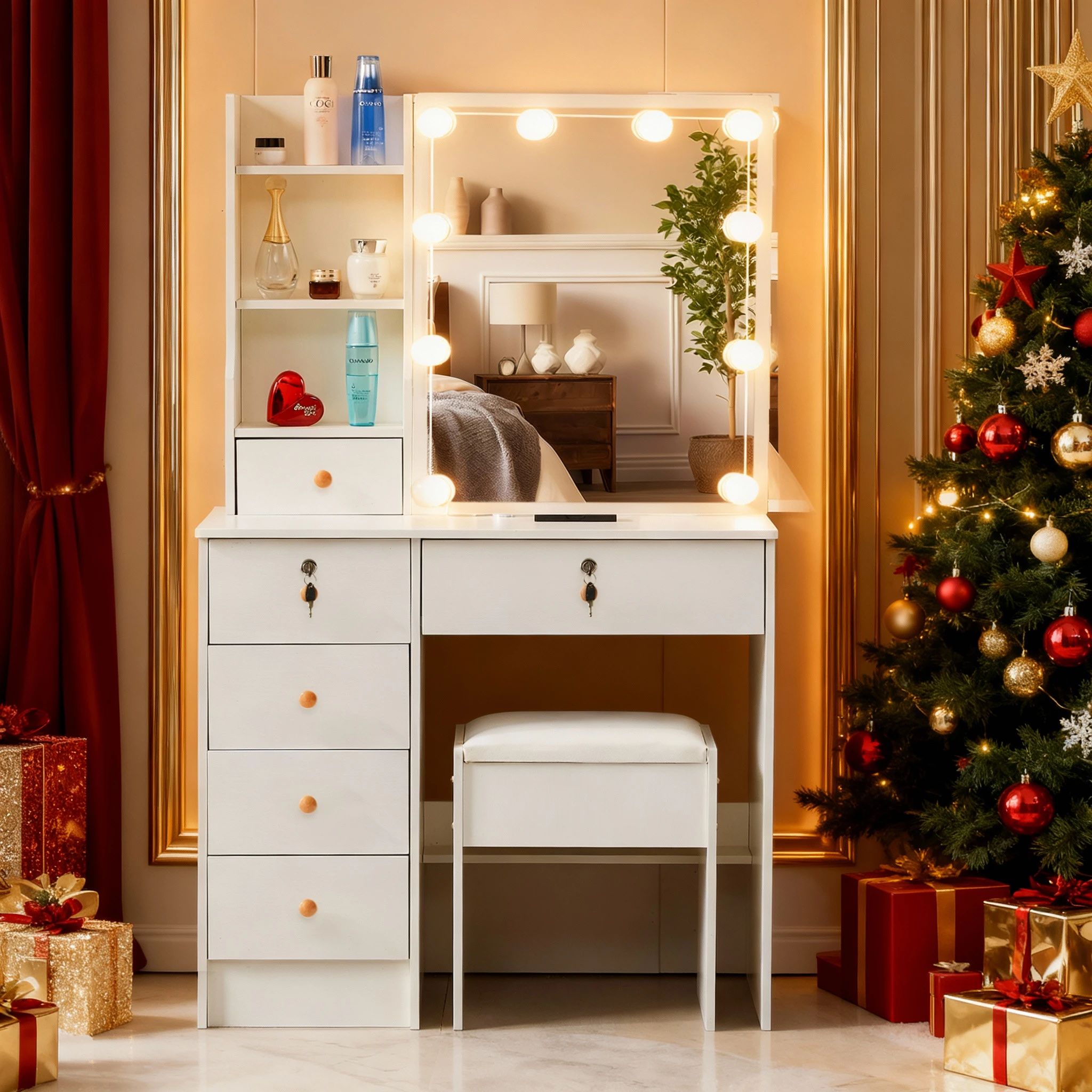 

Туалетный столик для макияжа Туалетный столик Табурет с 6 ящиками и 10 затемняемыми светильниками Зеркало