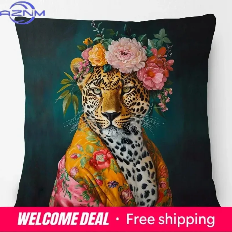 Leopard hairpin, flower portrait pillow, home sofa decoration 45 * 45cm (only pillowcase)