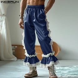 INCERUN 2024 American Style Pantalons Men's Fashion Satin Lace Splicing Design Pant Casual Clubwear Hot Sale Male Trousers S-5XL