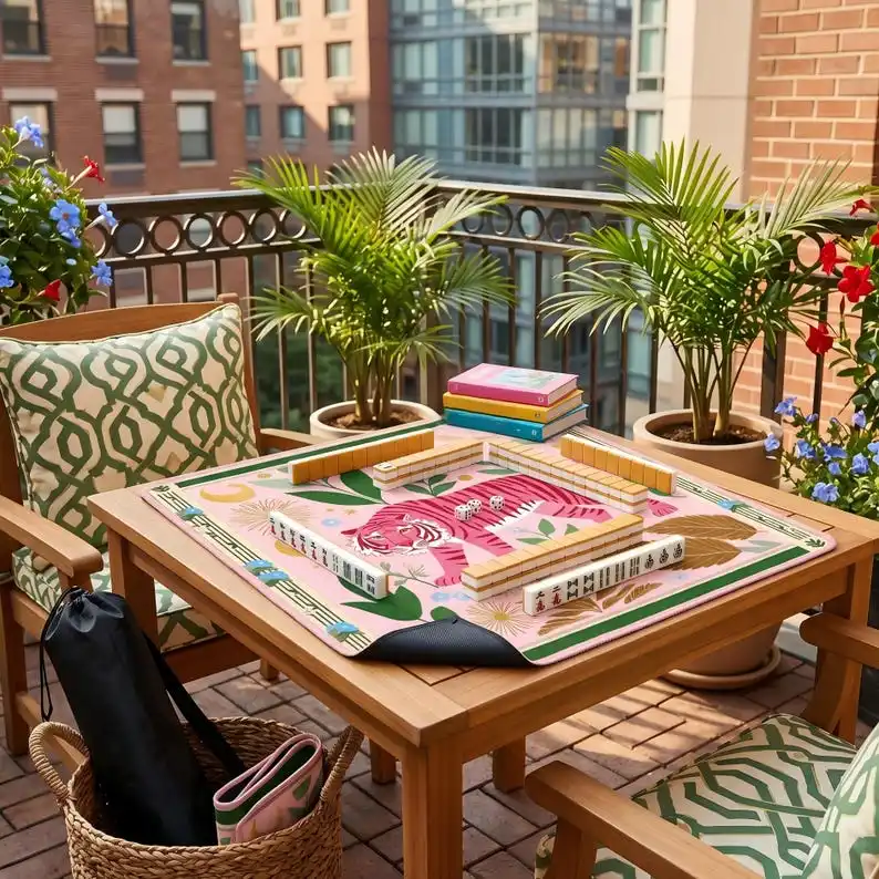 Retro Pink Tiger Botanical Mahjong Table Mat Non Slip Washable Shock Absorbing Square Pad For American Mahjong Indoor Party Game