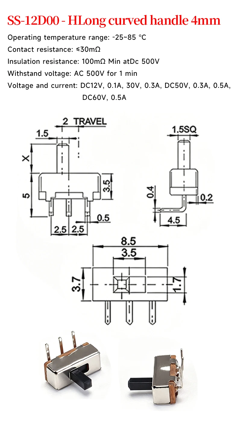 5 Stück Miniatur-Kippschalter, einreihig, horizontal gebogener Stift, SS-12D00, 4 mm Grifflänge für Elektronik – Detail 1