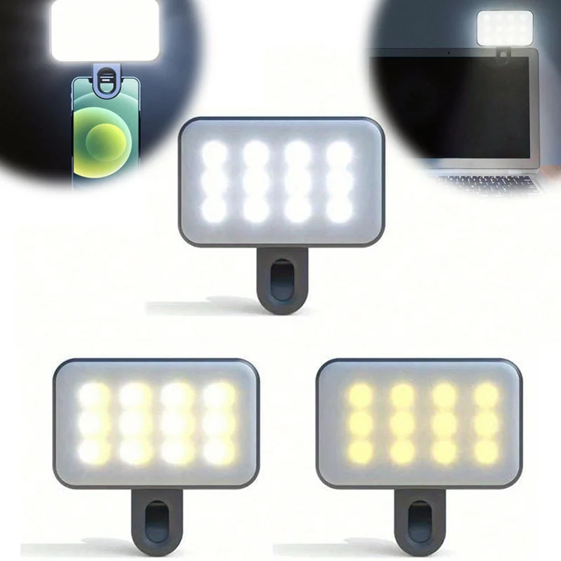 

Mini Selfie Fill Light Rechargeable Adjustable Brightness Clip On Mobile Phone Computer Photography LED Lights 3 Color Modes