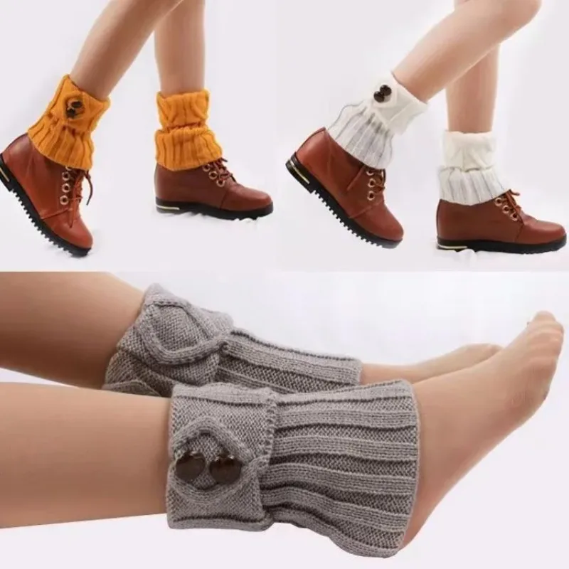 Otoño Invierno mujer nuevo rombo corto Flip 2 botón calentador de pies calcetines de lana tejidos cubierta de bota de moda calentadores de piernas