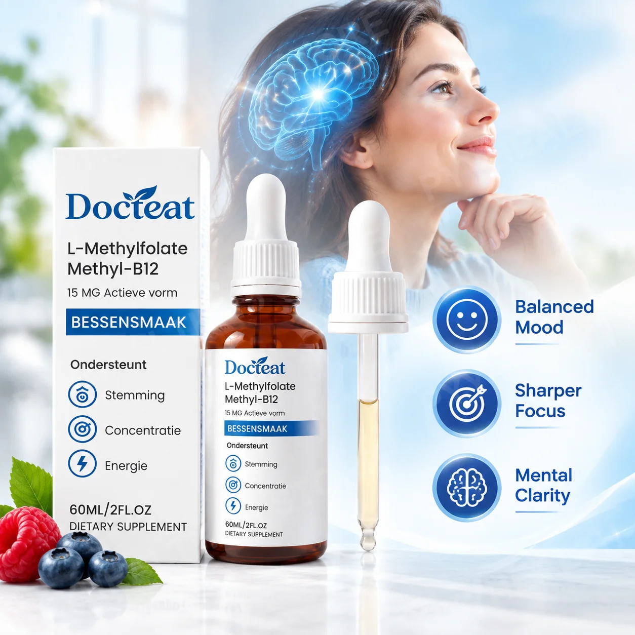 L-Methylfolate Drops for Balanced Mood Sharper Focus & Mental Clarity with Methyl B12 Vitamin B6 Berry Flavor Oral Liquid 60ml